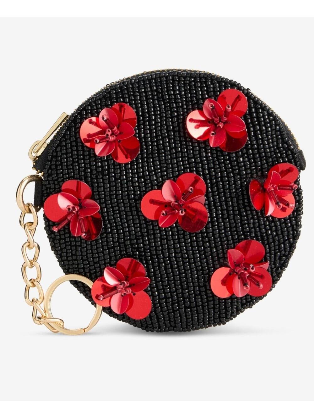 50$ On 34th Hand Beaded Flower Round Coin Purse Size One Black Red
